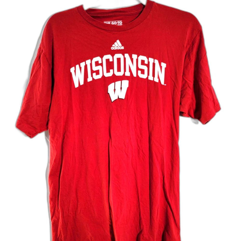 Adidas Men's Red 100% Cotton Wisconsin Badgers NCAA  T-Shirt Crew Neck Mens Larg